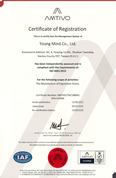 A certificate of ISO 9001 from Young Mind Co., LTD.
